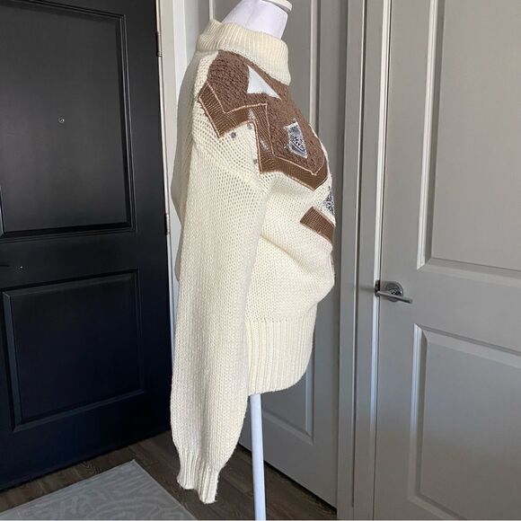 80s Vintage Spice of Life Cream and Brown Embellished Knit Sweater Size M - Picture 3 of 6